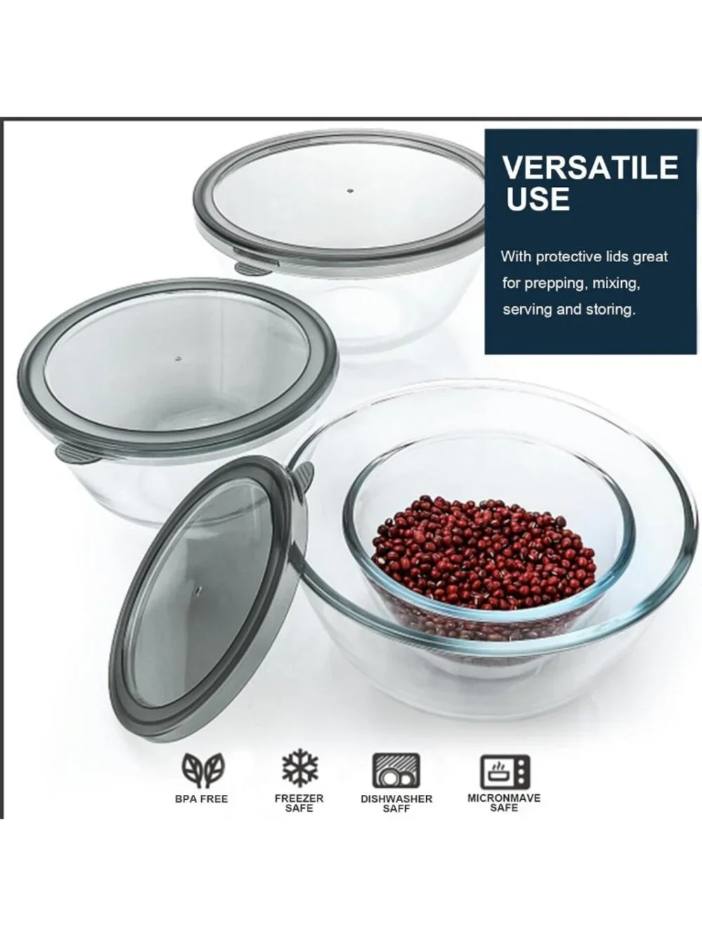 Set of 4 Glass Mixing Bowls with Lids - 0.8 to 4.8 Qt Storage & Prep Bowls